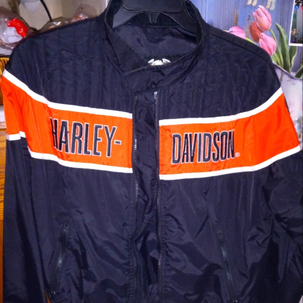 Mens Small Black & Orange Harley Davidson Racing Jacket